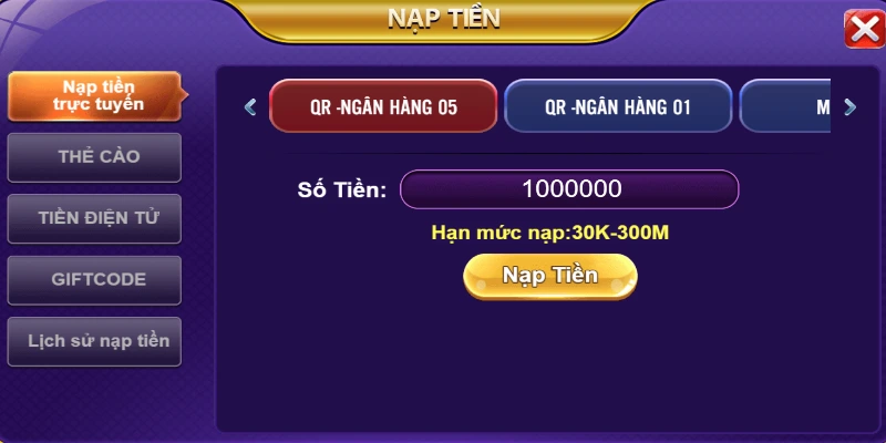 Chọn phương thức nạp tiền 68 game bài rồi nhập thông tin